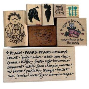 Vintage Assorted Wooden Rubber Stamps Food Kitchen & Pear-Themed Craft Set
